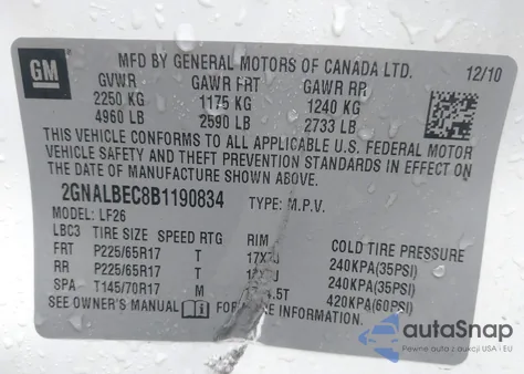 2011 Chevrolet Equinox Ls from USA, damaged, VIN 2GNALBEC8B1190834
